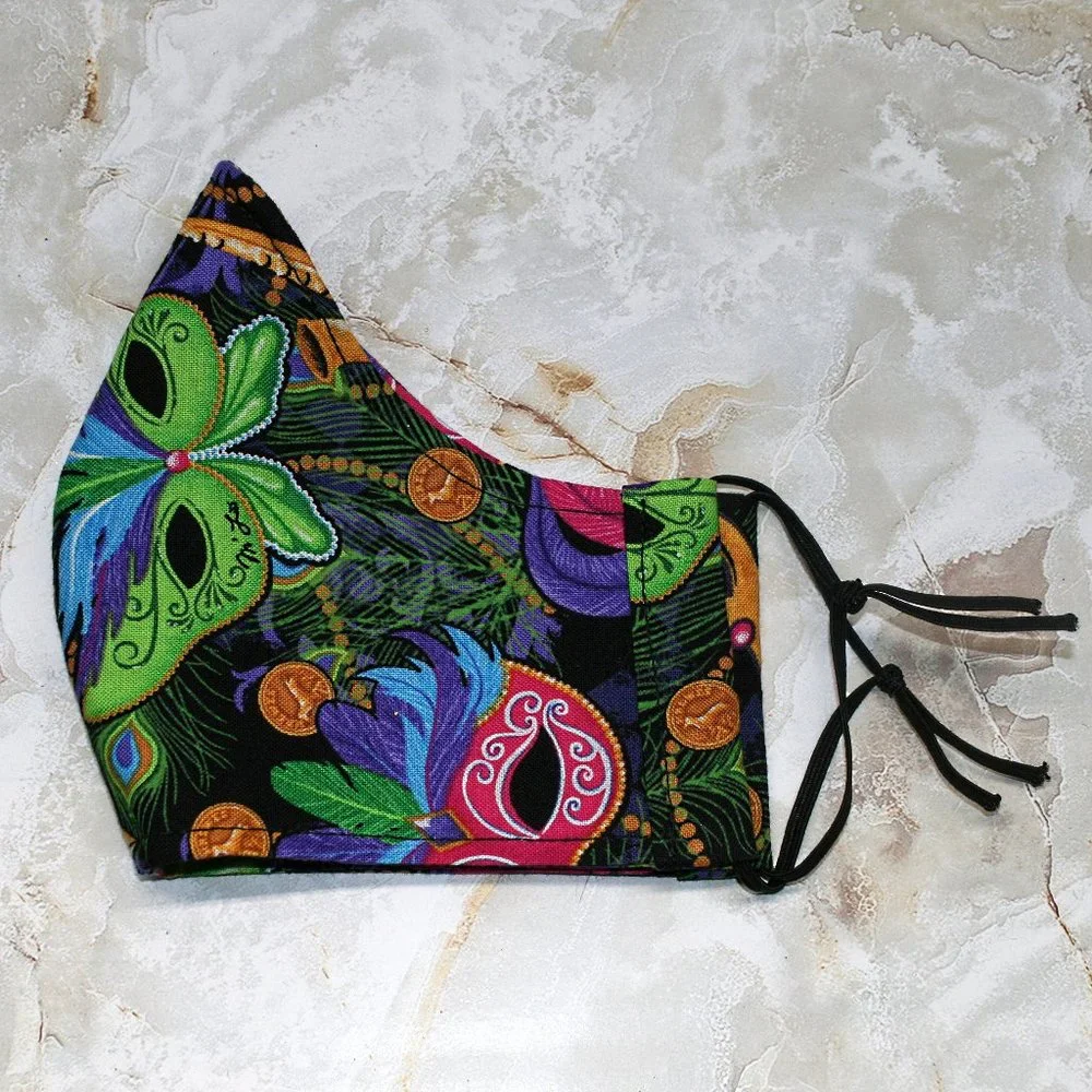 HAND CRAFTED Face Mask Mardi Gras Adult Cloth Fabric Print - Shield Style